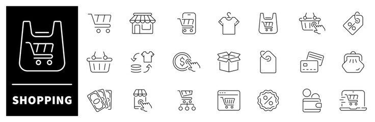 Shopping vector icons. Shopping thin line icons collection. Online shopping, digital marketing, delivery, coupon, shop, discount, bank card, gifts, shop, shopping related icons