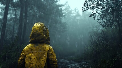 Fototapeta premium Contemplative figure stands in a misty forest during a rainstorm landscape