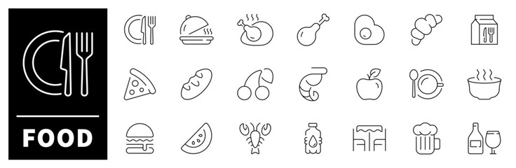Food vector icons. Food thin line icon set. Nutrition related icons. Hamburger, pizza, meat, coffee. egg, lunch, meal, food