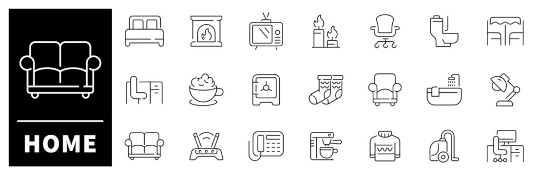 Home vector icons. Home thin line icon collection. Furniture, home interior, house, real estate, domestic, home related icons