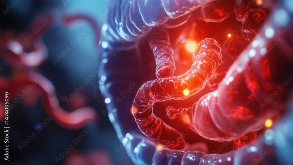 Aufkleber a close-up view of a cell with red and blue lights inside, suitable for science and technology illus