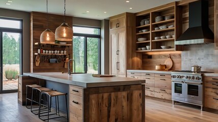 Modern interior design of kitchen with island in farmhouse. Interior kitchen design, modern rustic style, light wood cabinets.