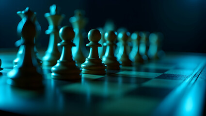 Strategic Illumination, A Close-Up View of Polished Wooden Chess Pieces on a Dark-Stained Chessboard Displaying Tactical Brilliance and Intellectual Depth