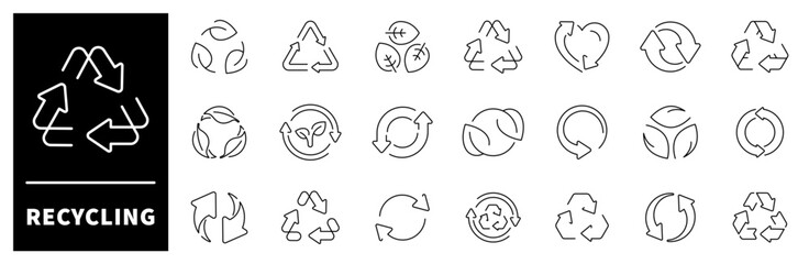 Recycling vector icons. Recycling thin line icon collection. Set of recycling related line icons. Eco, reduce, reuse, ecology, environment symbols
