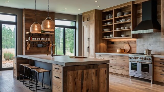 Modern interior design of kitchen with island in farmhouse. Interior kitchen design, modern rustic style, light wood cabinets.