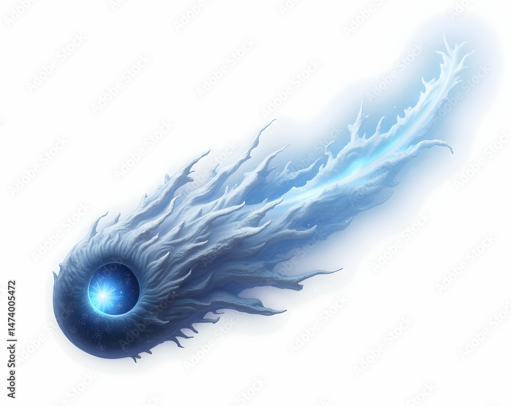 Poster striking comet illustration, a detailed rendering of a celestial body with a luminous core and a dyn