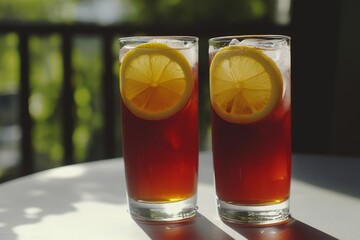 Two glasses of iced tea, garnished with lemon slices.