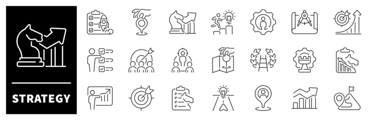 Strategy icon collection. Strategy thin line vector icon set. Planning, action plan, project, management, strategy related icons. Editable stroke vector icons