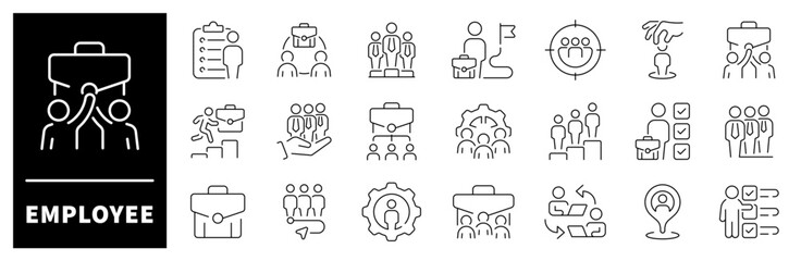Employee icons set. Employee thin line icon collection. Work, job, coworker, business, teamwork, employee related icons. Editable stroke vector icons