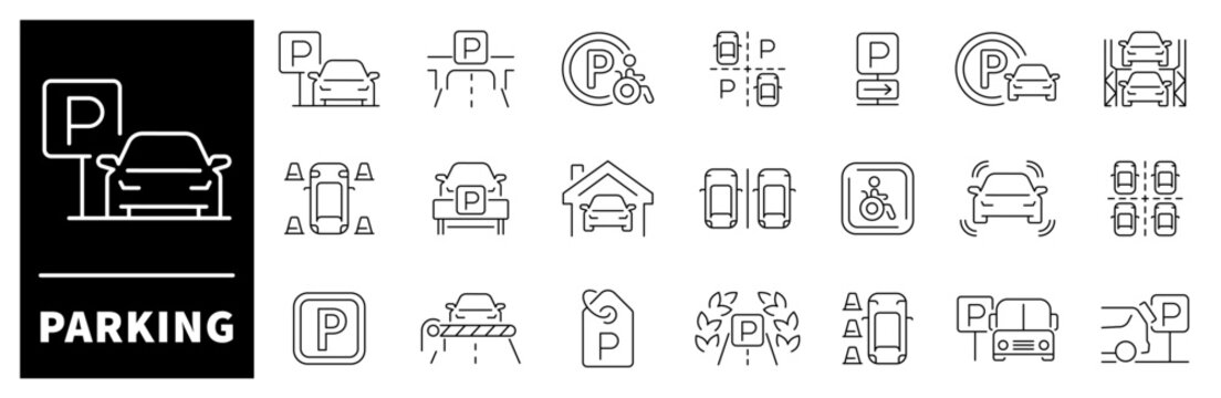 Car parking vector icons set. Car parking icons. Outline parking icons collection. Parking space signs. Parking area symbols.