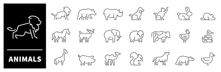 Animals vector icons. Animals icons set in line style. Set of outline icons related to animals. Linear icon collection. Cat, dog, bear, horse, elephant, cow, wolf, pig, sheep, chicken, rhino, lion
