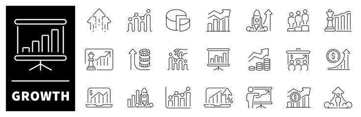 Growth vector icons. Growth icon set in line style. Development, increase, growth, bar graph, improvement, stock market, profit, launch, growing graph icons