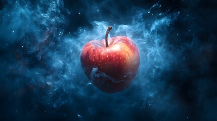 Floating apple surrounded by mist and smoke.