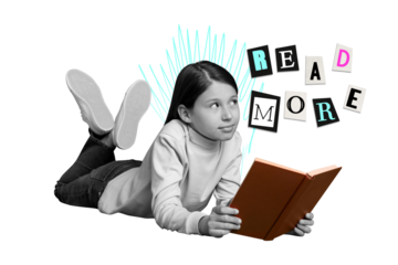 Creative collage of smart black white effect girl hold book contemplate read more isolated on yellow background