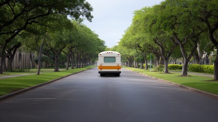 Obraz premium Shuttle parked under tree-lined university boulevard, Student shuttle