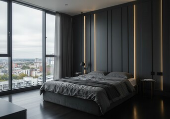 Bedroom interior with large window and dark wall paneling with light strips