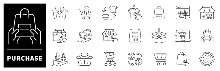 Purchase vector icons. Set of thin lone icons related to purchase and shopping. Online shopping, store, delivery, shopping cart, buy, order, purchase icons