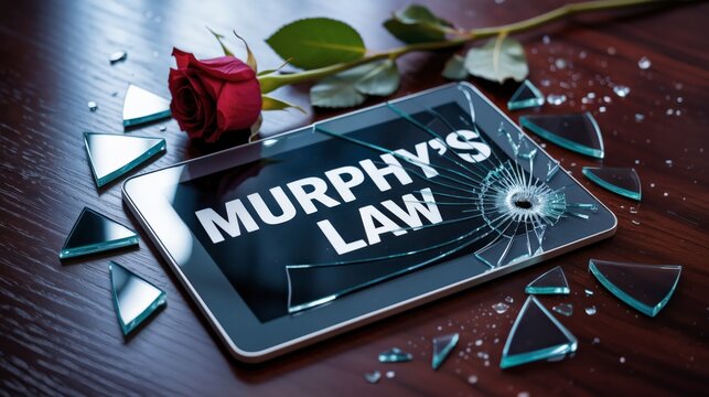 A Shattered Tablet, Murphy's Law, Surrounded by Broken and Scattered Glass, a Red Rose - A Illustrating Unexpected Failure, Harsh Reality, Bad Luck, Risk, Setbacks, and Unfortunate Events.