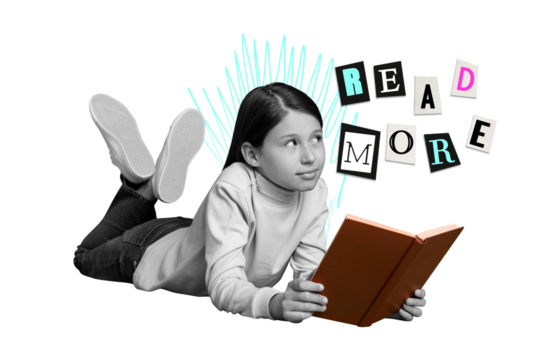 Creative collage of smart black white effect girl hold book contemplate read more isolated on yellow background