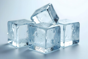 Stunning close up capturing crystal clear ice cubes perfectly stacked revealing water droplets and sharp angular edges under soft light conditions