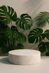 elegant marble podium: Sleek White Marble Round Pedestal with Vibrant Green Leaves
