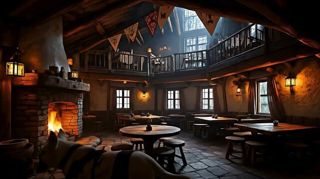 Cozy Rustic Tavern Interior with Lantern Light and Wooden Furniture