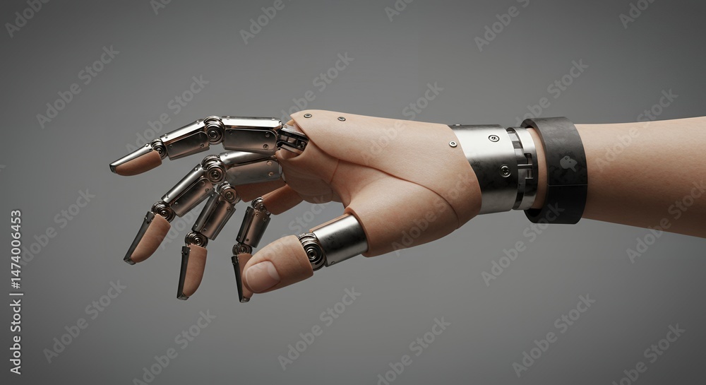 Poster a futuristic cyborg hand with metallic and synthetic components, showcasing advanced technology and 