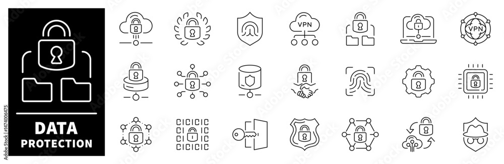 Poster data protection vector icons. thin line icons set related to data protection, privacy and security. 
