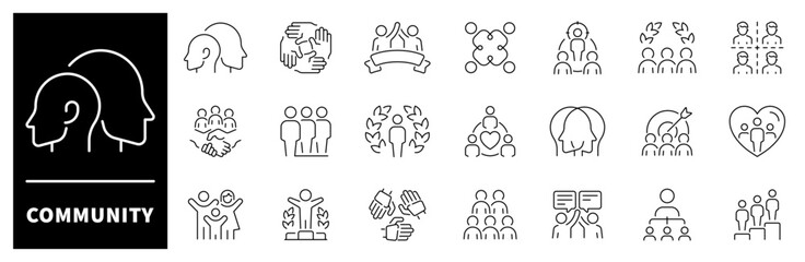 Community vector icons. Thin line icons set related to community and society. Family, human, team, community, friends, population symbols