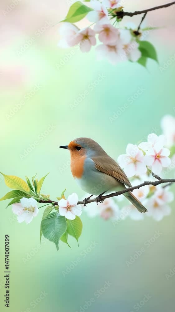 Aufkleber a bird is perched on a branch of a cherry tree. the bird is brown and red in color. the cherry tree 