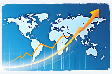 Stylized Illustration, Ascending Stock Curve Over World Map Indicating Global Market Growth and Financial Success with a Positive Economic Outlook