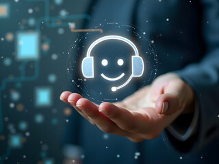 Stylized modern user support icon resembling a smiling face with headset hovering above an open hand suggesting assistance and problem resolution