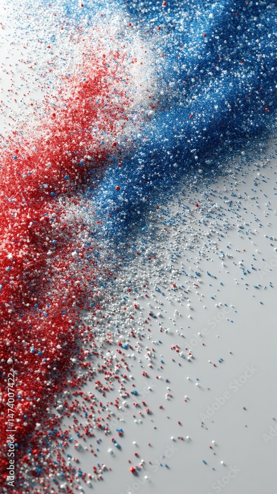 Poster glittering cascade: a mesmerizing display of vibrant red and blue glitter creates a dynamic and text