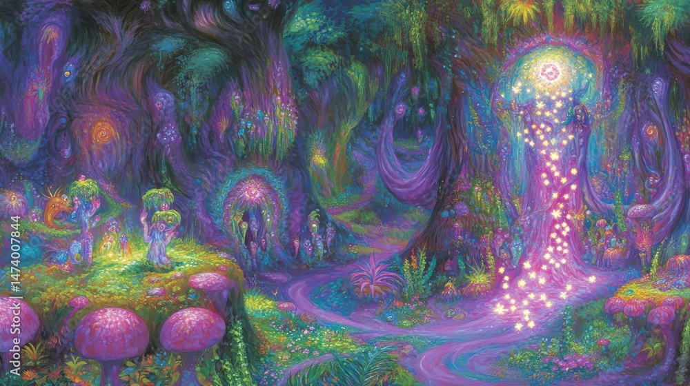 Poster enchanted forest with colorful fungi and magical gateway surrounded by mystical creatures and lush v