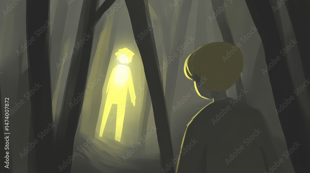 Poster mysterious encounter between child and ghostly figure in enigmatic forest scene with shadows and lig