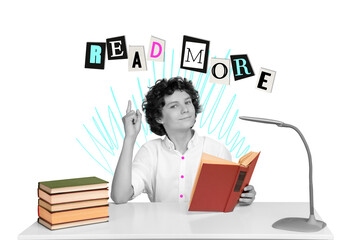 Artwork collage image of black white gamma boy point finger hold book read more isolated on yellow...
