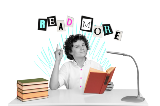 Artwork collage image of black white gamma boy point finger hold book read more isolated on yellow background