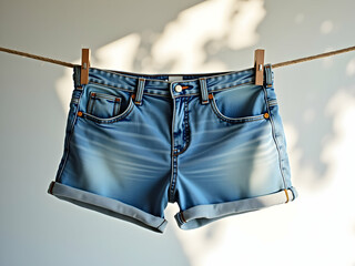 Sun-Kissed Denim, A Pair of Stylish Blue Shorts Hung Out to Dry, Bathed in Warm, Natural Light, Capturing the Essence of Laid-Back Summer Days and Carefree Fashion