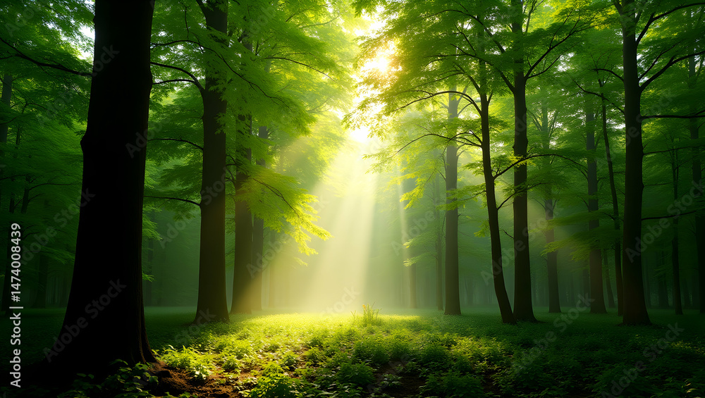 Poster sunlight filtering through the lush green canopy of a vibrant forest, creating a serene and ethereal