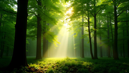 Obraz premium Sunlight filtering through the lush green canopy of a vibrant forest, creating a serene and ethereal atmosphere, inviting exploration and tranquility
