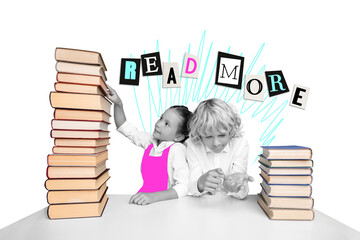 Creative collage  picture of two black white effect kids desktop pile stack book read more isolated...
