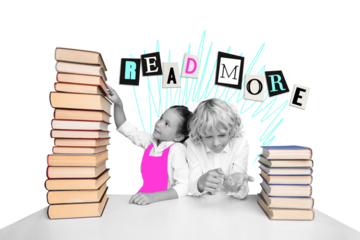 Creative collage  picture of two black white effect kids desktop pile stack book read more isolated on yellow background