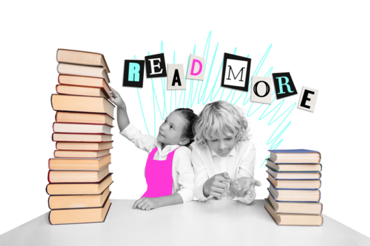 Creative collage  picture of two black white effect kids desktop pile stack book read more isolated on yellow background