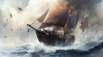 Fototapeta premium ship, sail, pirate, flag, fight, clip art, deck, cartoon, before, battle, antique, object, medieval, icon, frigate, broken, isolated, illustration