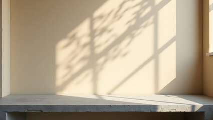 Sunlit Minimalist Interior with Muted Sand Beige Wall and Subtle Texture Accented by Dappled Sunlight Creating a Calming and Serene Atmosphere