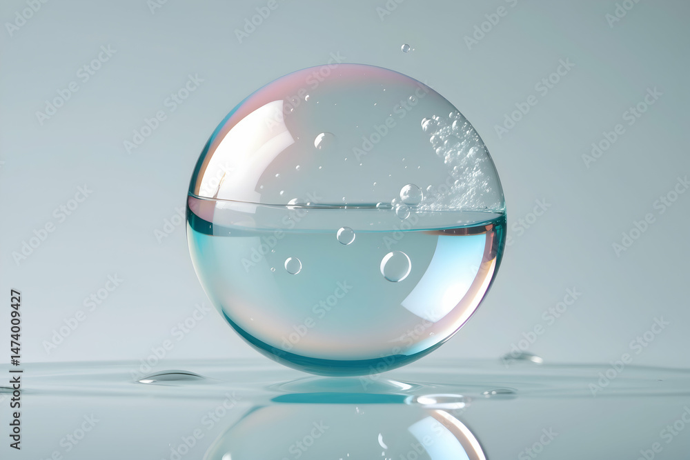 Poster surreal floating soap bubble displaying mesmerizing reflections and refractions captured in a minima