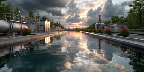 Fototapeta premium Industrial Water Treatment Plant Under Cloudy Sky