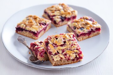 Berry cake bars with caramel almond topping on a plate