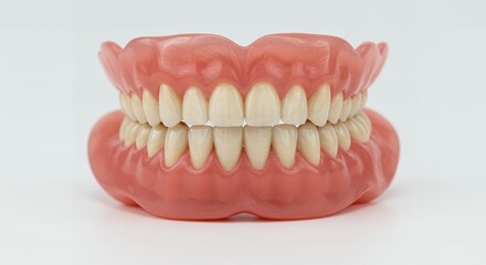 Obraz premium Close-up studio shot of a complete set of dentures, showcasing the artificial teeth and pink gum base against a clean white background