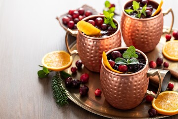 Cranberry orange moscow mule in traditional copper mugs, winter or Christmas cocktail